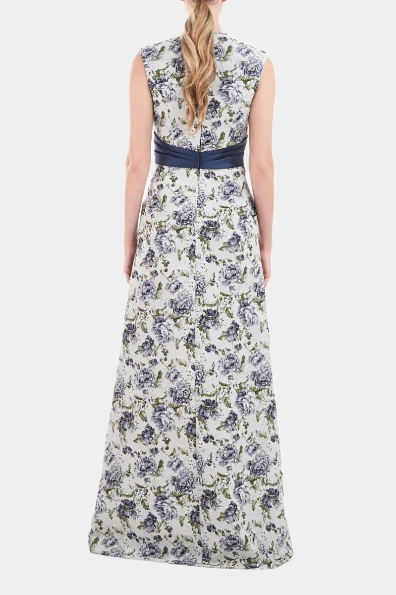 V-Neck Cap Sleeve Wrap Bodice Fit & Flare Jacquard Dress D946931