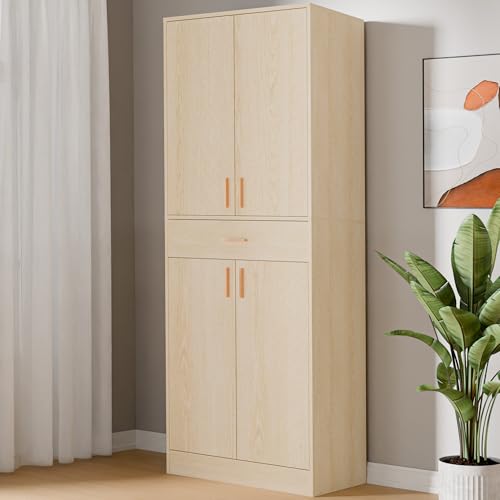 71" Tall 4 Doors Wood Freestanding Cupboard with Sliding Drawer and 2 Adjustable Shelves, Oak U940483