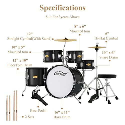 16 inch 5-Piece Junior Drum Kit Metallic Black S8690