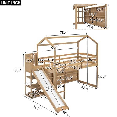 Twin Wood Loft Bed with Slide and Storage Shelves K311663
