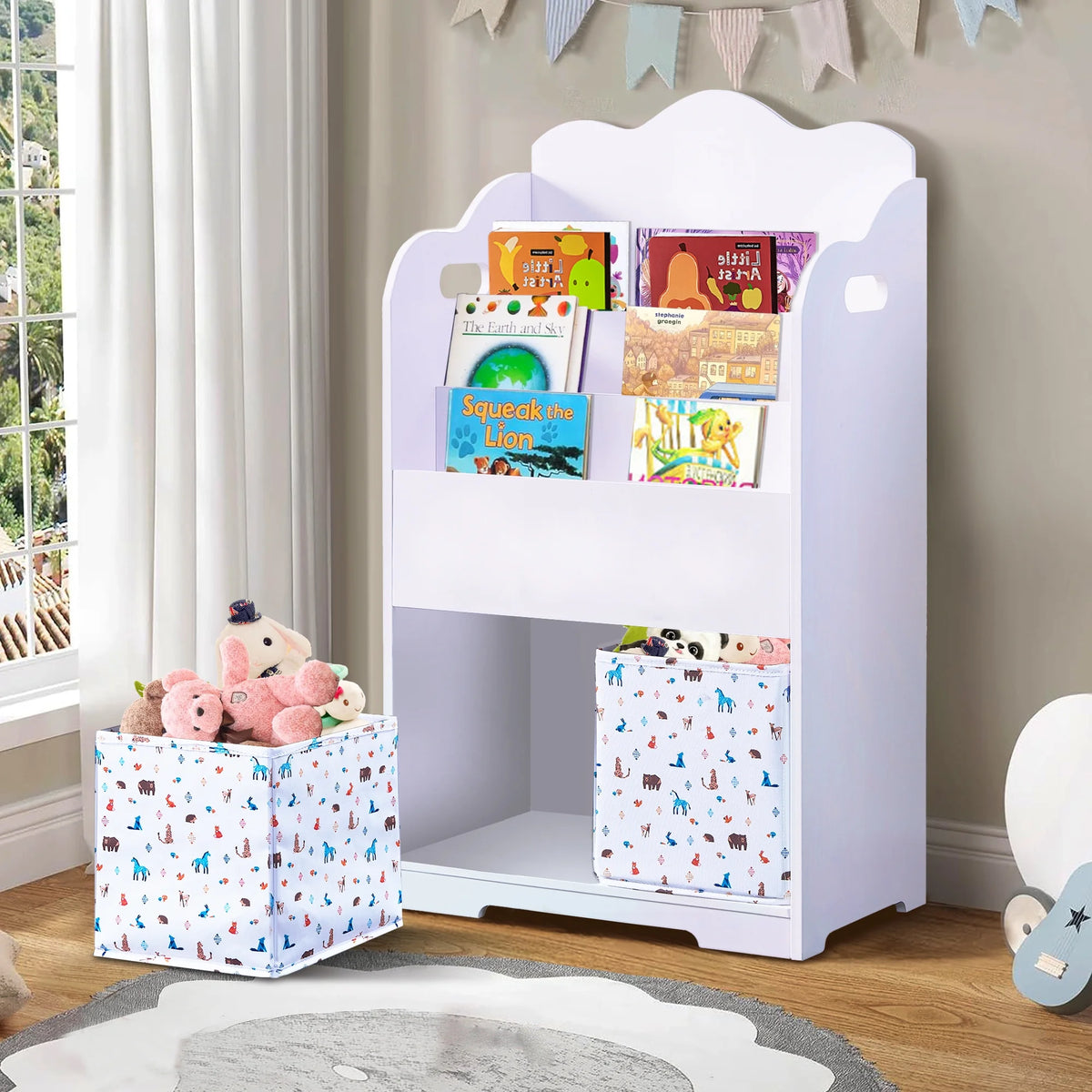 White Wood 4 Tier Kids Bookshelf with Toy Bin A796