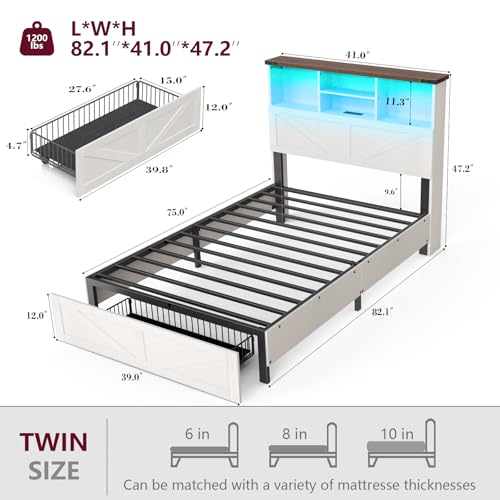 Antique White Twin Bed Frame with Bookshelf and Storage Drawers M7361