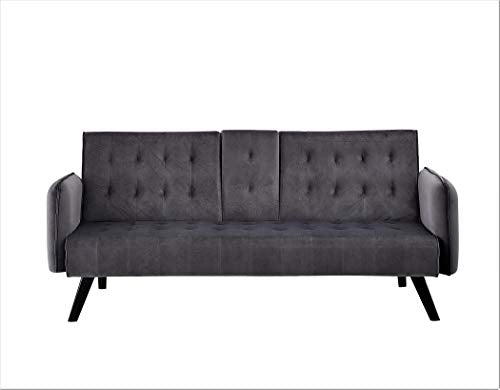 Blue Velvet Upholstered Futon Sofa Bed with Center Console and Cupholders F7599