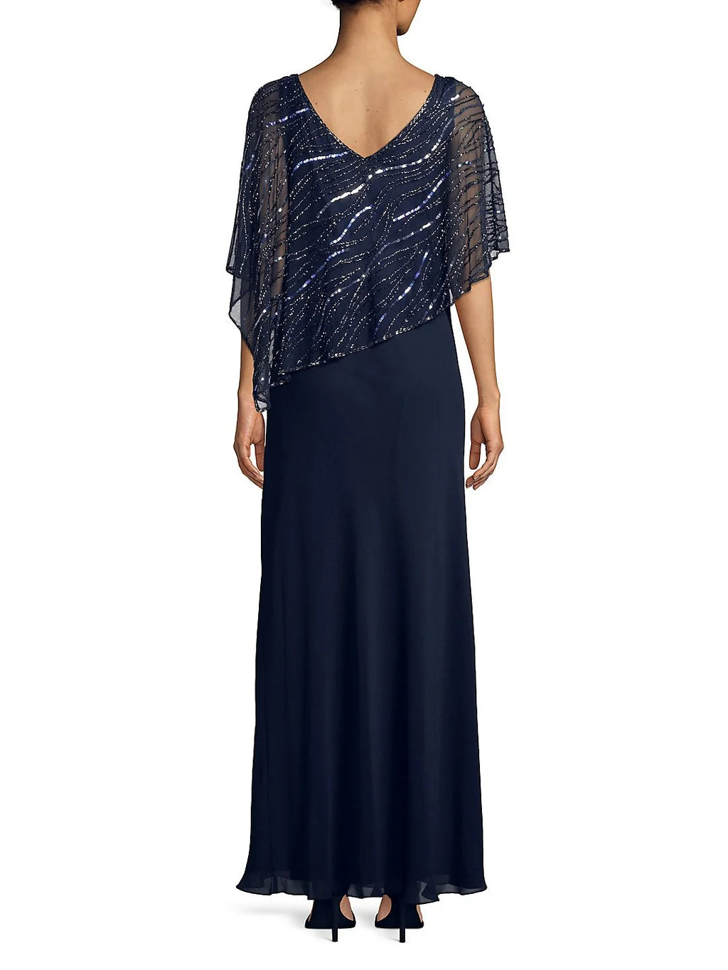 Navy Sequined V Neck Formal Dress T6916