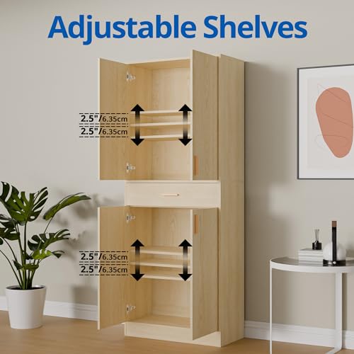 71" Tall 4 Doors Wood Freestanding Cupboard with Sliding Drawer and 2 Adjustable Shelves, Oak U940483