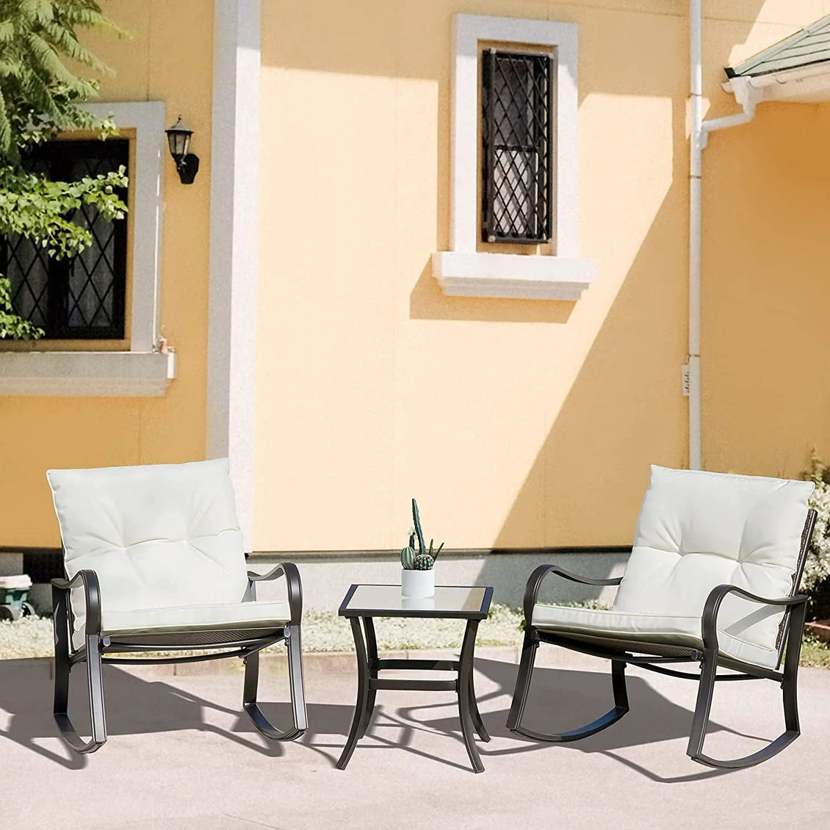 3 Pieces Bistro Set Rocking Chairs Cushion Glass Top Table Blue H409066