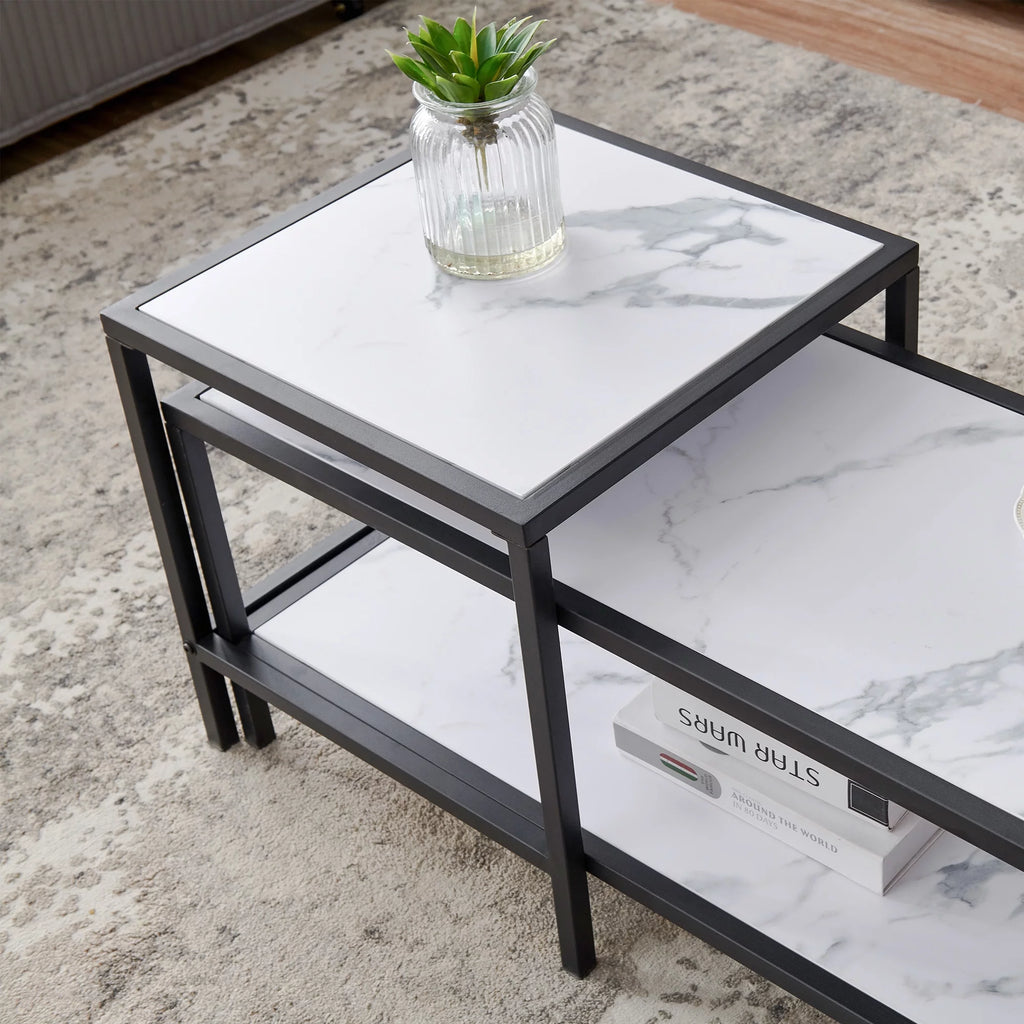 Square & Rectangle Nesting Coffee Table Black Metal Frame Wood Marble Top H34029