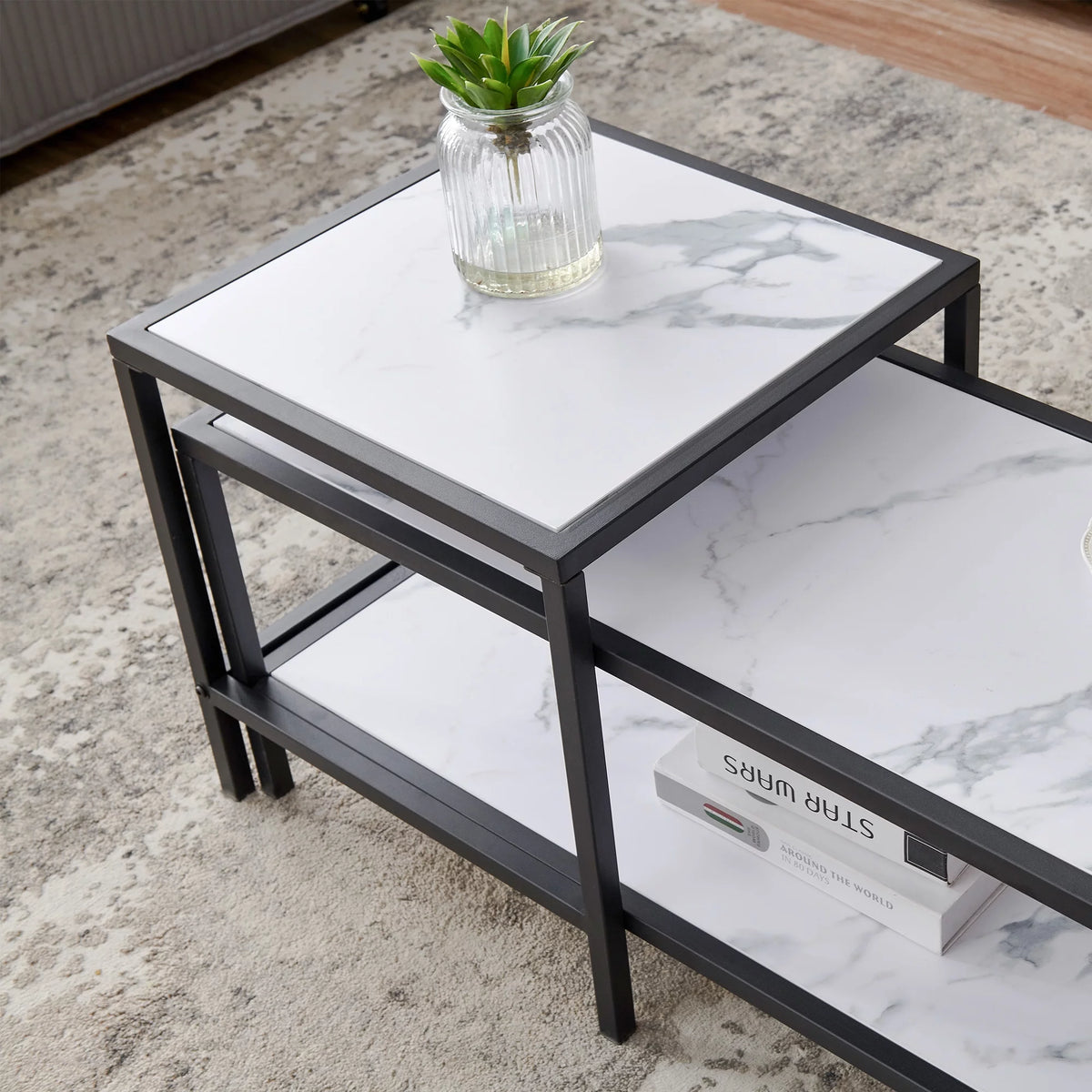 Square & Rectangle Nesting Coffee Table Black Metal Frame Wood Marble Top H34029