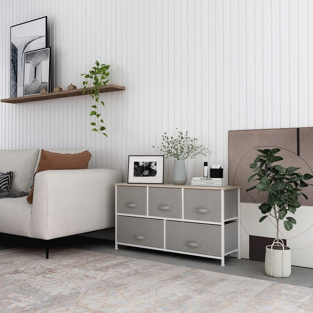 Light grey 8 Drawer Fabric Dresser with Steel Frame and Wooden Top M9995