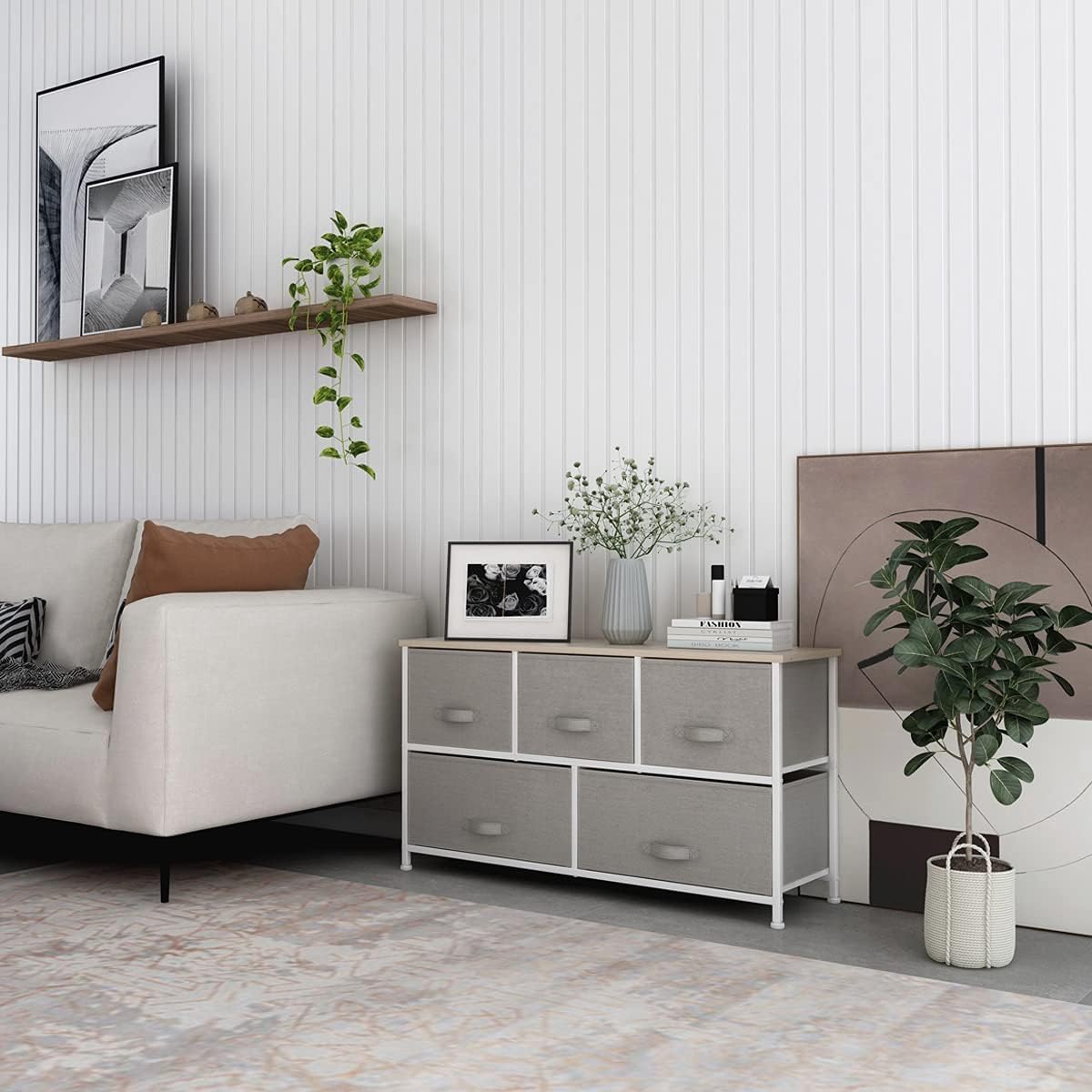 Light grey 8 Drawer Fabric Dresser with Steel Frame and Wooden Top M9995