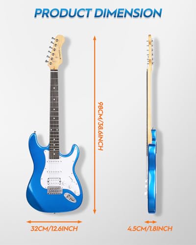 39" Full Size Electric Guitar HSS Pick Up with 10W Amp, Bag, Digital Tuner, Capo, Strap, String, Cable, Picks K40648