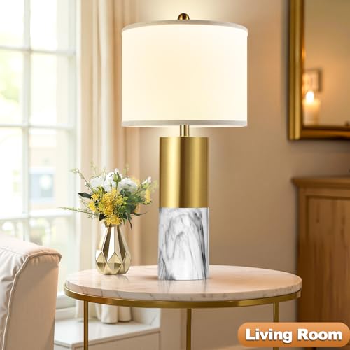 22" Faux Marble Table Lamps Set of 2 with Fabric Shades V8612
