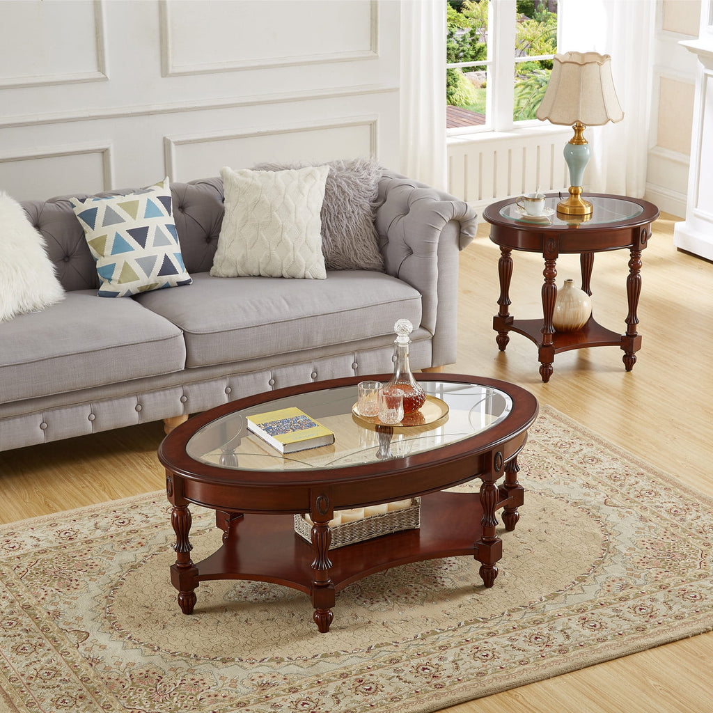 Oval Glass 2-Tier Solid Wood Coffee Table with Storage Shelf F443