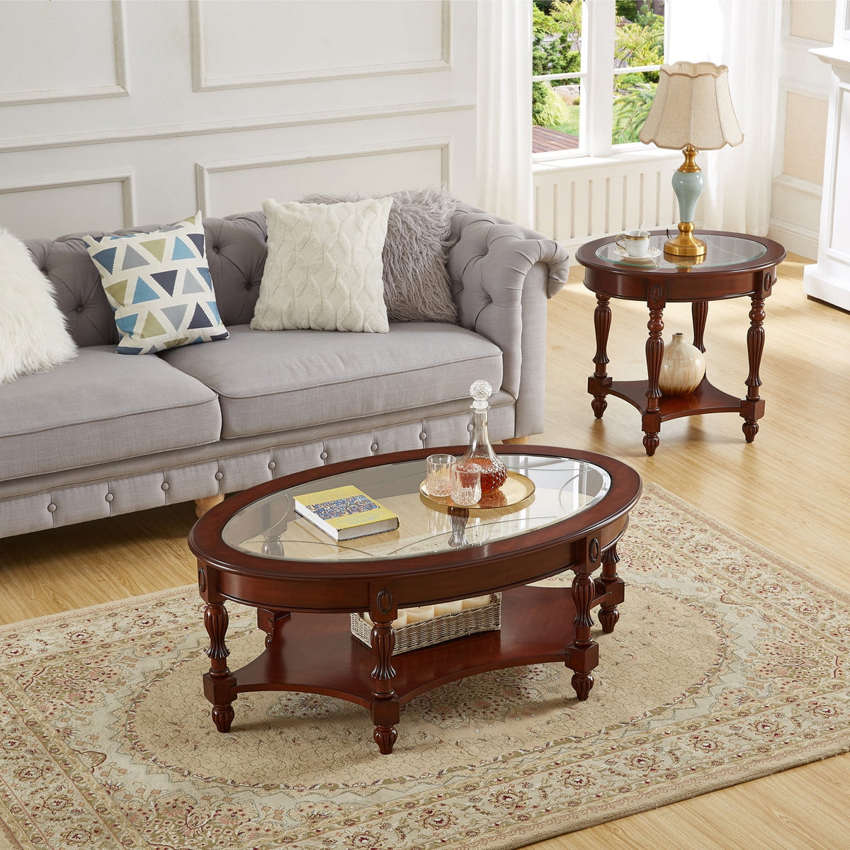Oval Glass 2-Tier Solid Wood Coffee Table with Storage Shelf F443