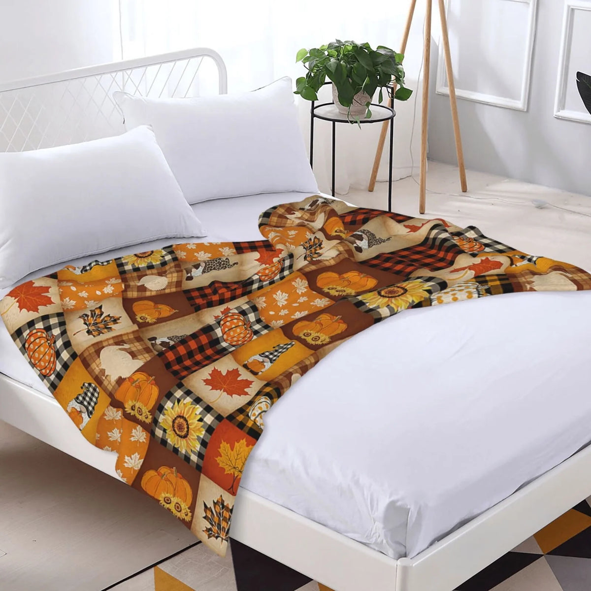 Pumpkin Turkey Maple Leaf Gnome Plaid Flannel Throw Blanket 50 X 40 Inch N640