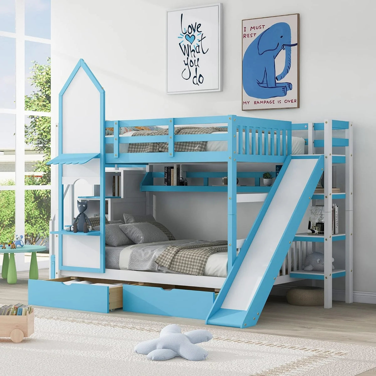 Full Over Full Wooden Bunk Bed with Slide Storage Drawers Shelves Blue K648137