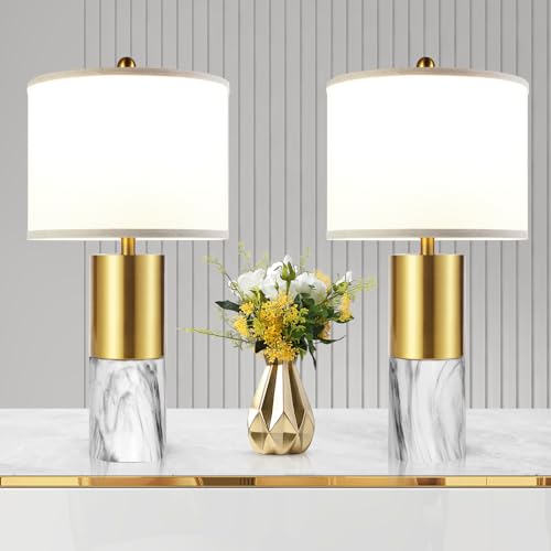 22" Faux Marble Table Lamps Set of 2 with Fabric Shades V8612