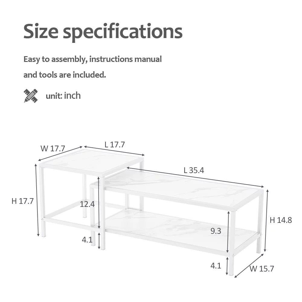 Square & Rectangle Nesting Coffee Table Black Metal Frame Wood Marble Top H34029