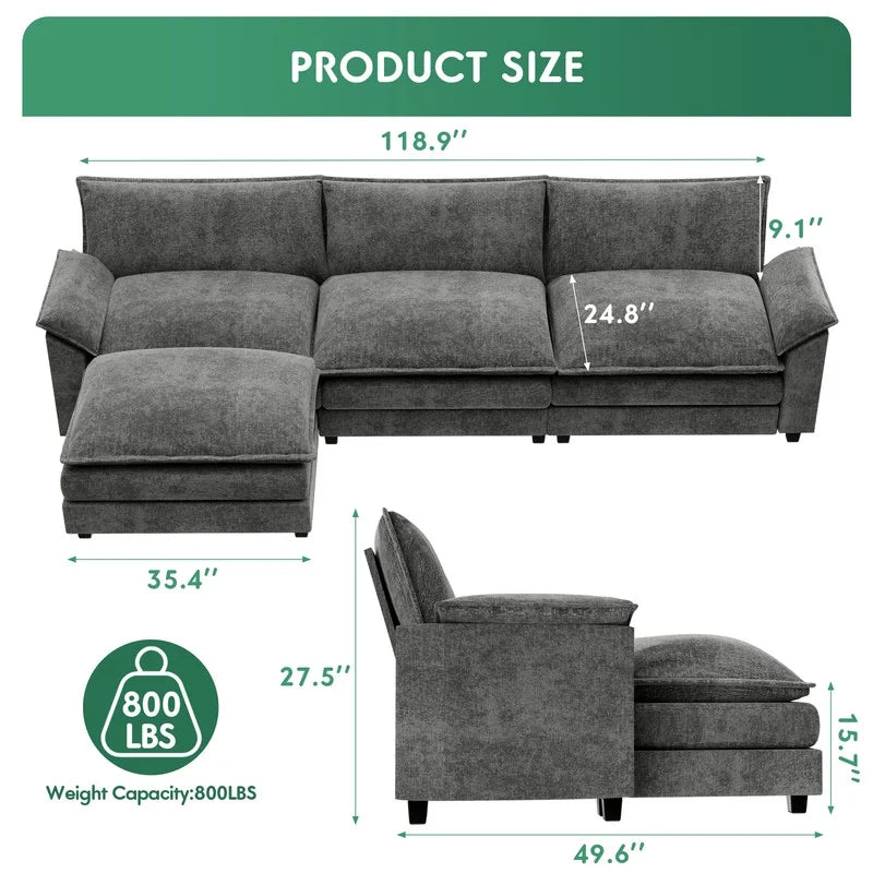 3 Seats L-Shaped Sectional Sofa with Movable Ottoman Z26519