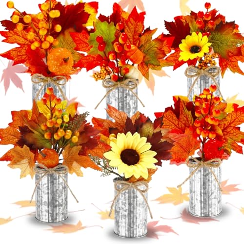 6 Pack Fall Faux Potted Plants Artificial Maple Leaf Picks in Metal Pots G1949