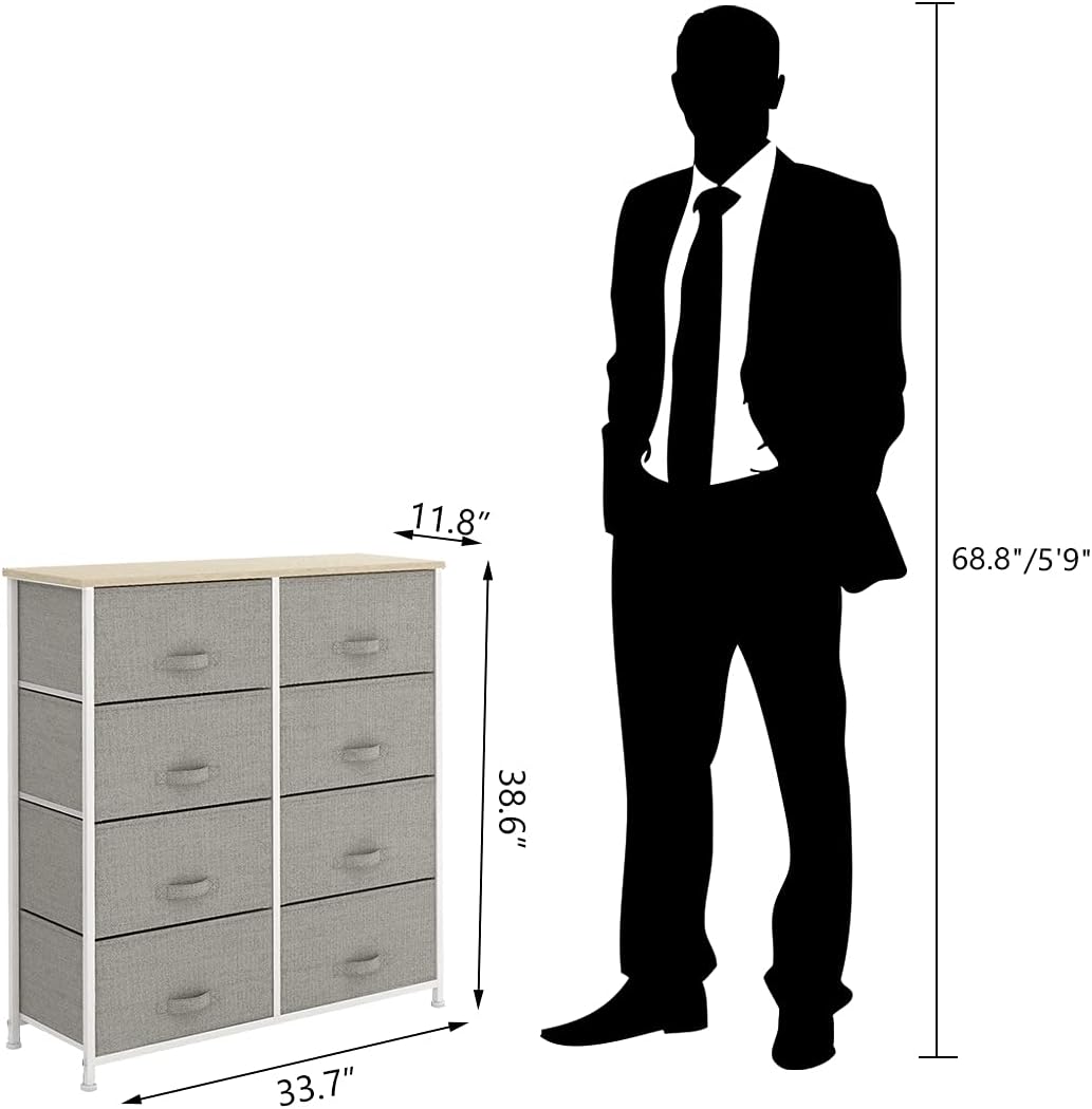Light grey 8 Drawer Fabric Dresser with Steel Frame and Wooden Top M9995