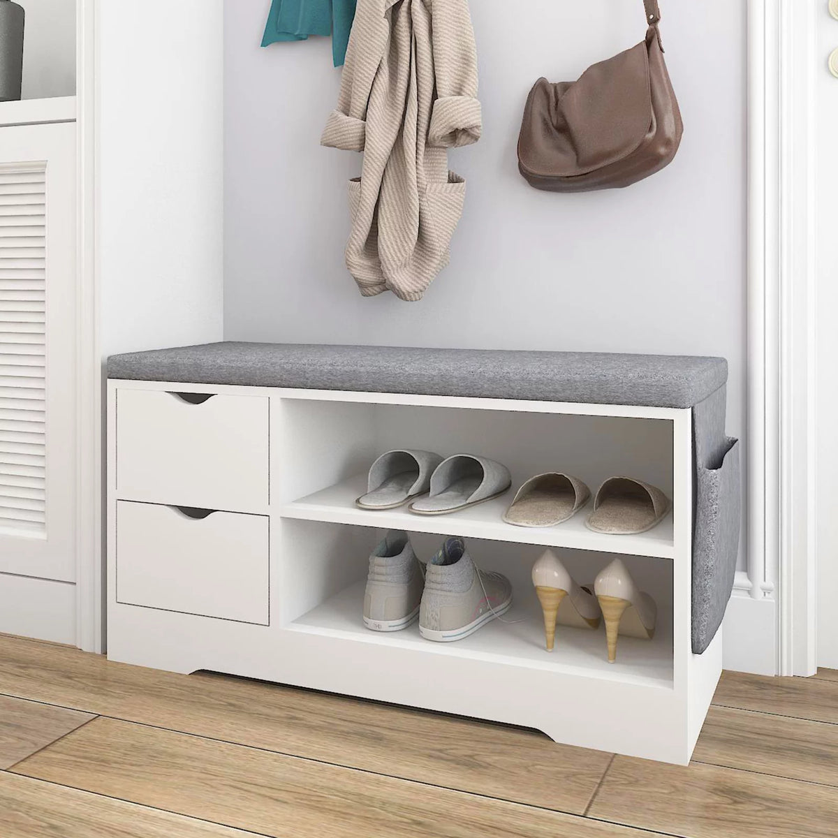 White 2-Tier Shoe Storage Bench with Drawer and Cushion U458