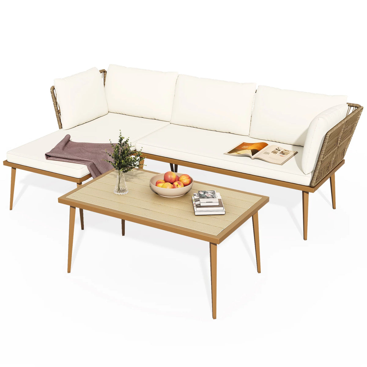 3 Pieces Rattan Woven L-Shaped Sofa with Cushions and Side Table J910