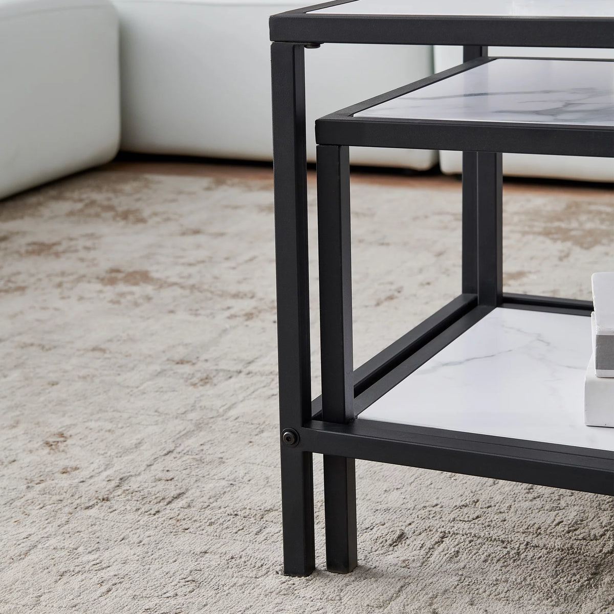 Square & Rectangle Nesting Coffee Table Black Metal Frame Wood Marble Top H34029