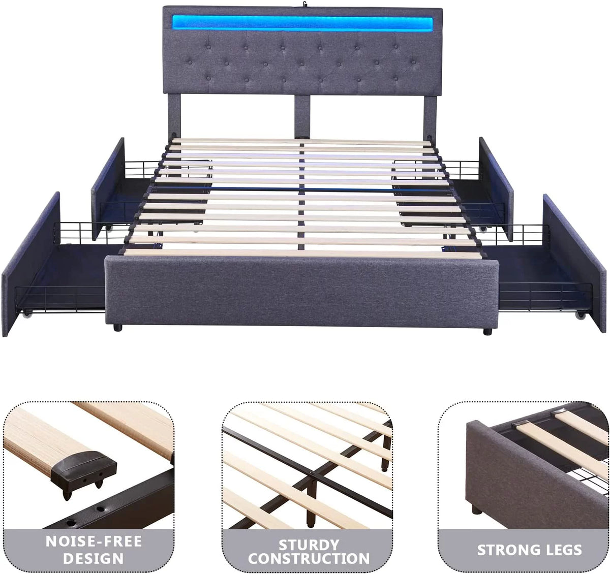 Full Size Bed Frame with 4 Drawers, LED, USB Ports, Adjustable Upholstered Headboard, Dark Grey F37973