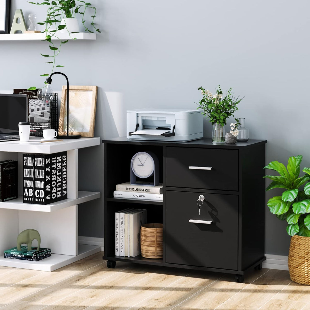 Black Wood Lateral File Cabinet with Lock E541