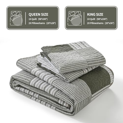 100% Cotton Navy Blue Grey Plaid Queen Size 3 Pieces Quilt T4421