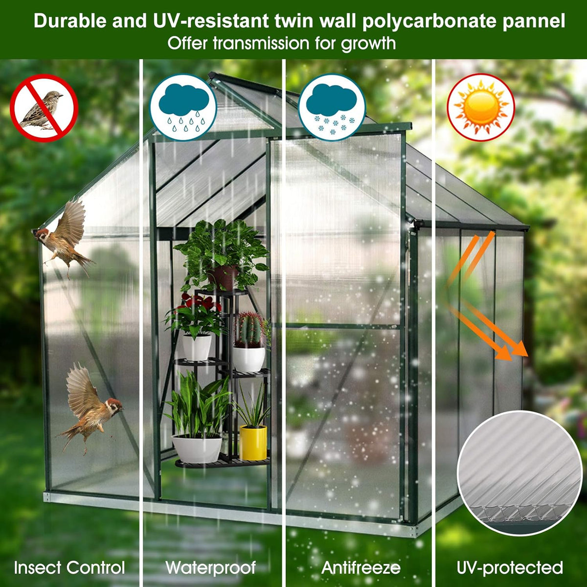 Polycarbonate Greenhouse with Sliding Door 8' x 6' P37954