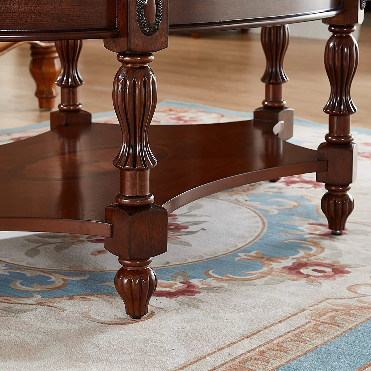 Oval Glass 2-Tier Solid Wood Coffee Table with Storage Shelf F443