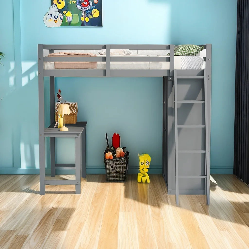 Twin Size Loft Bed with Wardrobe and Desk W284283