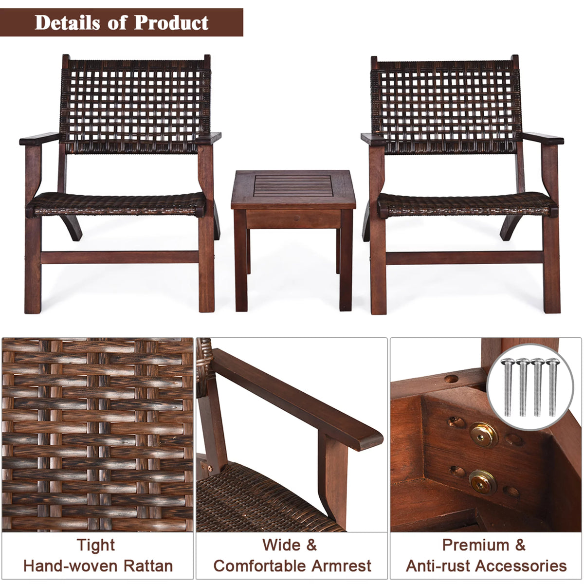 3PCS Patio Rattan Furniture Set Coffee Table G5605
