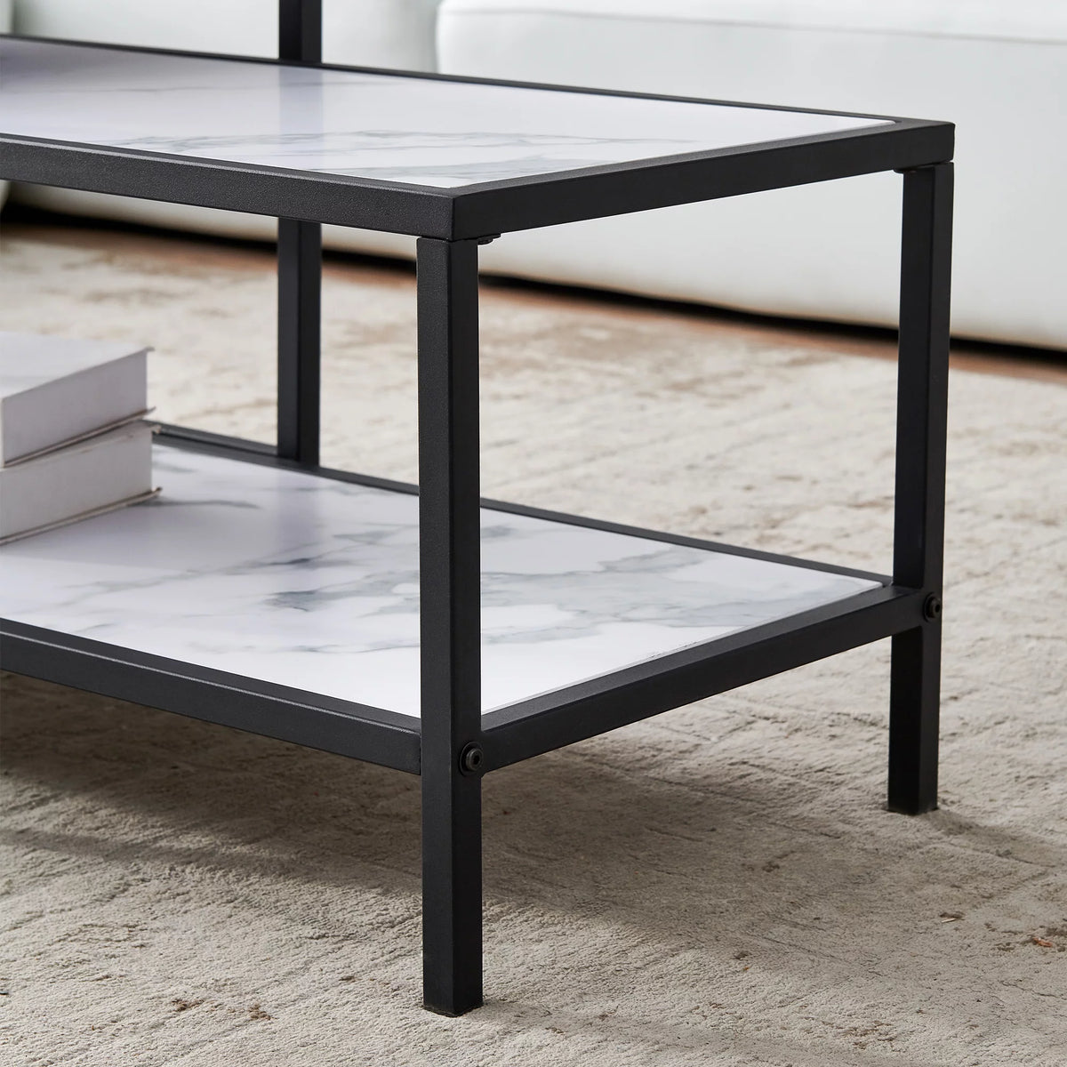 Square & Rectangle Nesting Coffee Table Black Metal Frame Wood Marble Top H34029