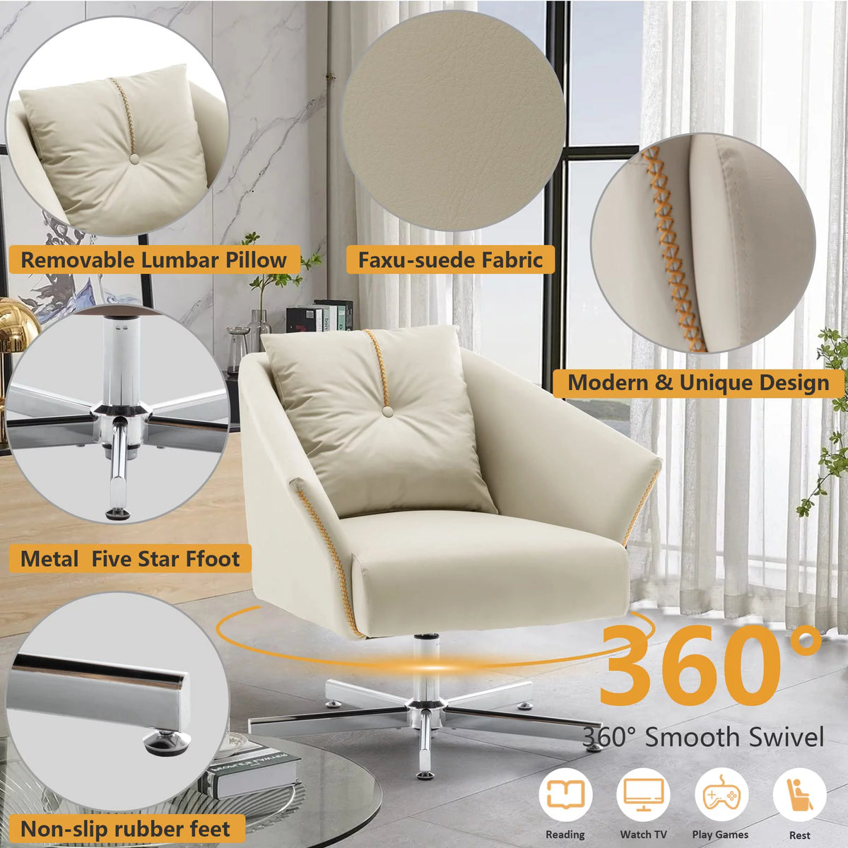 Modern Upholstered Swivel Accent Chair with Metal Legs X5219
