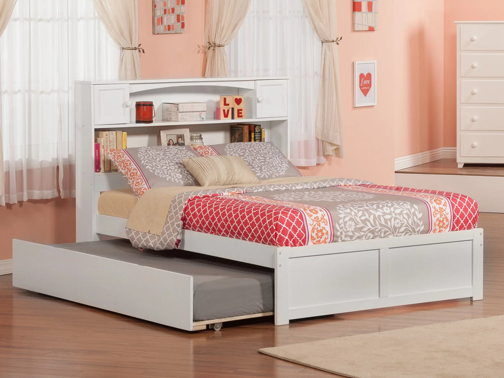 White Full Solid Wood Platform Bed with Footboard & Trundle T737