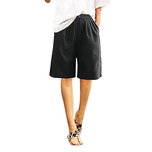 Women's Cotton Linen High Waisted Wide Leg Elastic Drawstring Shorts with Pockets T3249