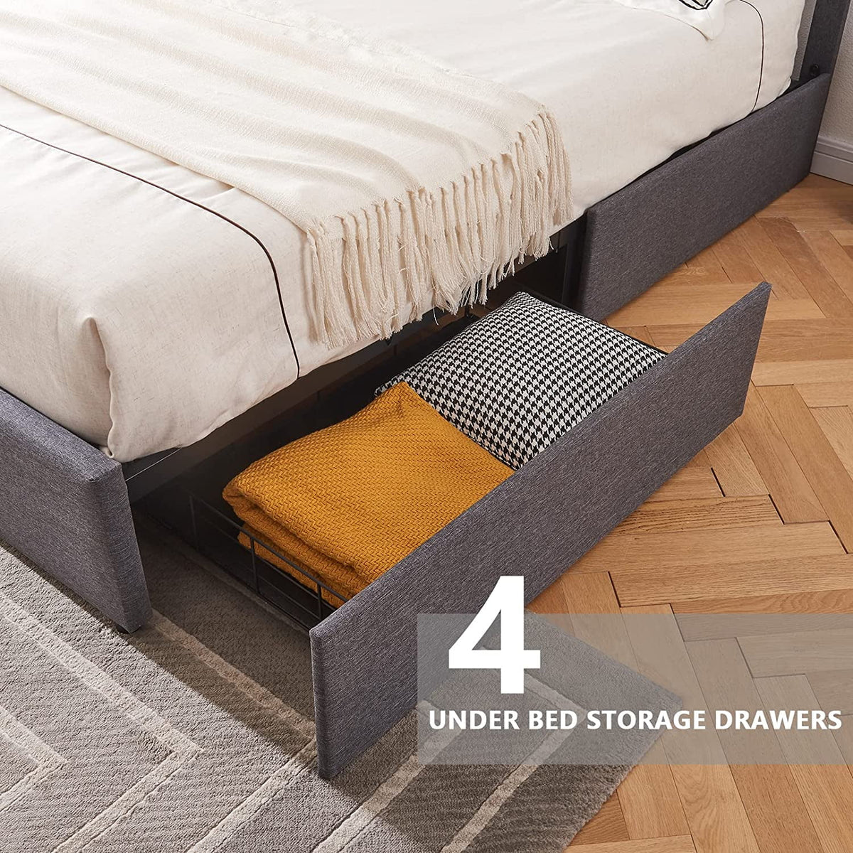Full Size Bed Frame with 4 Drawers, LED, USB Ports, Adjustable Upholstered Headboard, Dark Grey F37973