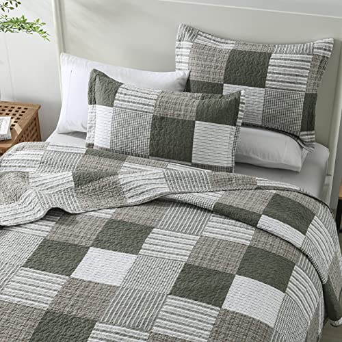 100% Cotton Navy Blue Grey Plaid Queen Size 3 Pieces Quilt T4421