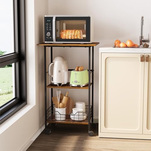 3-Tier Rolling Kitchen Stand with Wire Basket I304537