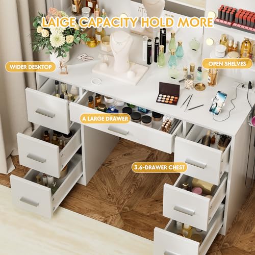 White Vanity Desk with LED Lighted Mirror and 7 Drawers C15420