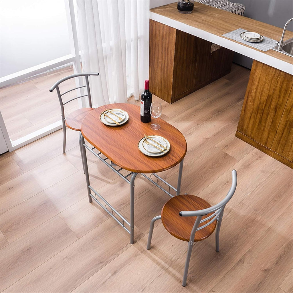 3-Piece Small Round Dining Table with Wine Storage Rack, Wood, Metal Frame, Brown G55672