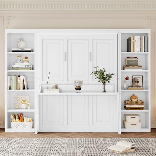 White Full Size Solid Murphy Bed with Desk and Shelves U33889