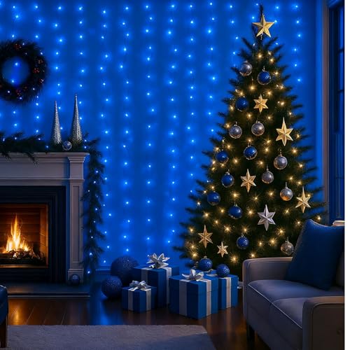 300 LED Fairy Curtain Lights, 9.8ft x 9.8ft Battery Operated Blue String Hanging Lights D9058