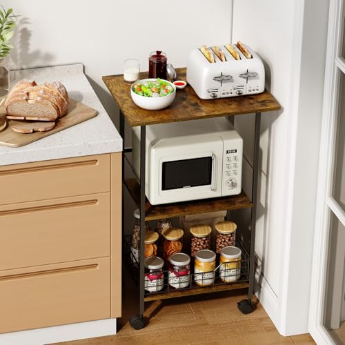 3-Tier Rolling Kitchen Stand with Wire Basket I304537