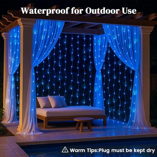 300 LED Fairy Curtain Lights, 9.8ft x 9.8ft Battery Operated Blue String Hanging Lights D9058