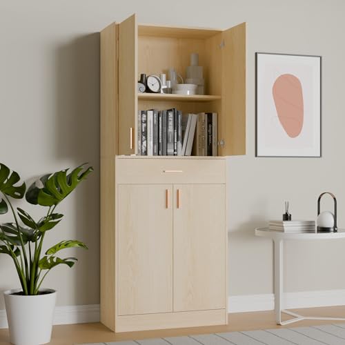 71" Tall 4 Doors Wood Freestanding Cupboard with Sliding Drawer and 2 Adjustable Shelves, Oak U940483