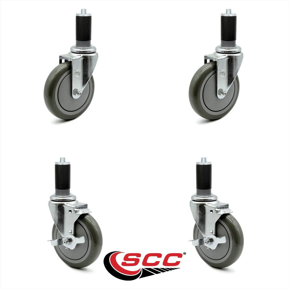 5 inch Gray Polyurethane Swivel Stem Caster Set 2 Brake I87194